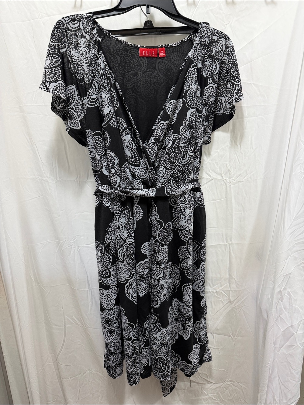 Elle Black & White Floral Wrap Midi Dress with Tie Waist